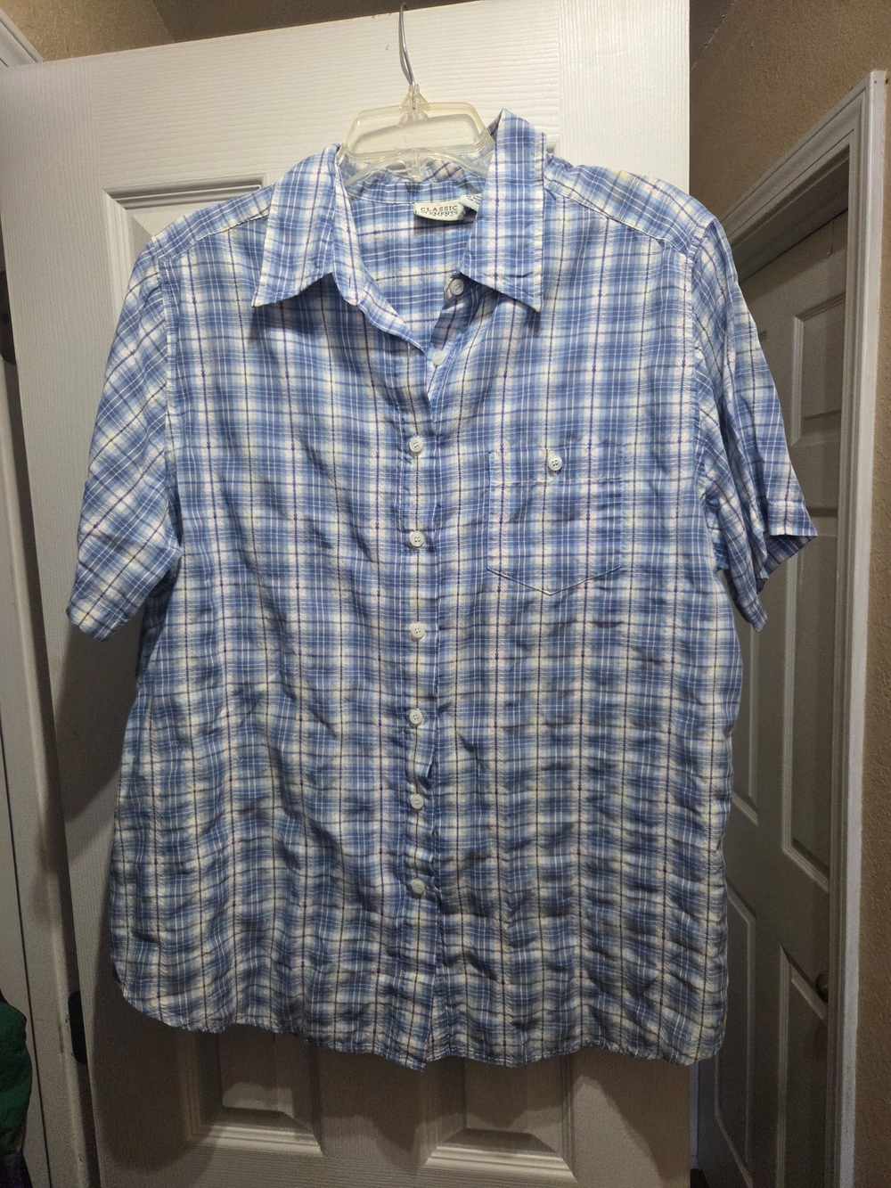 4 for $10, Classic Elements Blue and White Plaid Short Sleeve Button Down Shirt